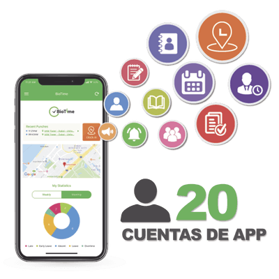 Licencia para realizar checadas de asistencia desde Smartphone (APP) con envío de fotografía y ubicación por GPS / Compatible con BIOTIMEPRO / Licencia para 20 usuarios
